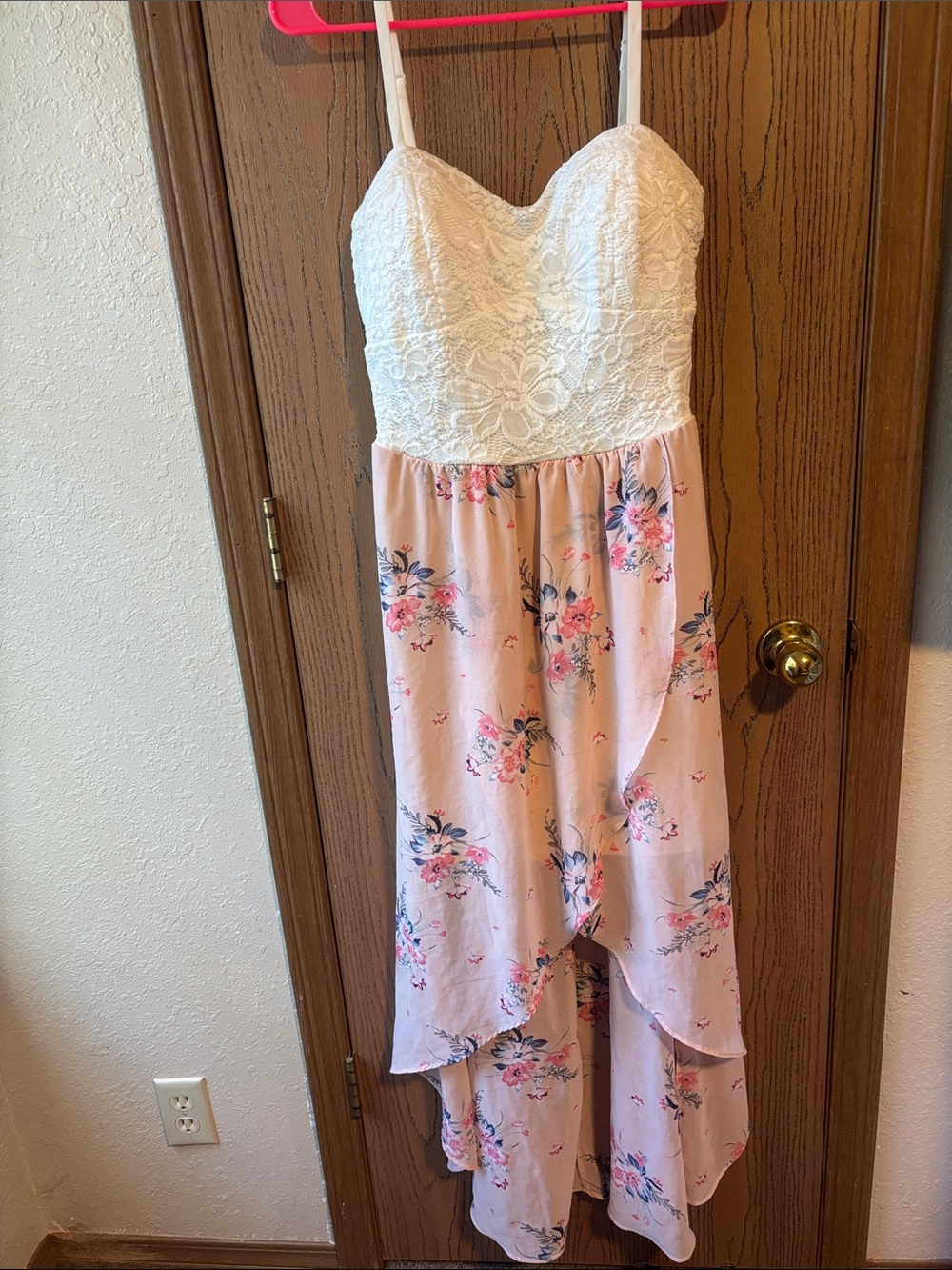 Lily Rose Strapless White Lace Top Pink Floral High-Low Dress
